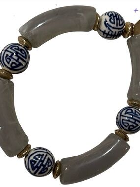 Ceramic & Gray Beaded Stretch Bracelet - Women